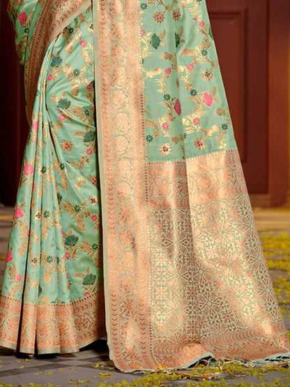 Monjolika Fashion Mint Green Banarasi Silk Blend Saree with Rich Gold Zari Floral Weaving