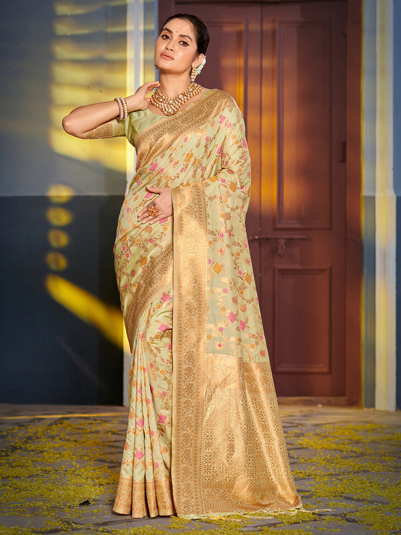 Monjolika Fashion Light Pistachio Green Banarasi Silk Blend Saree with Rich Gold Zari Floral Weaving