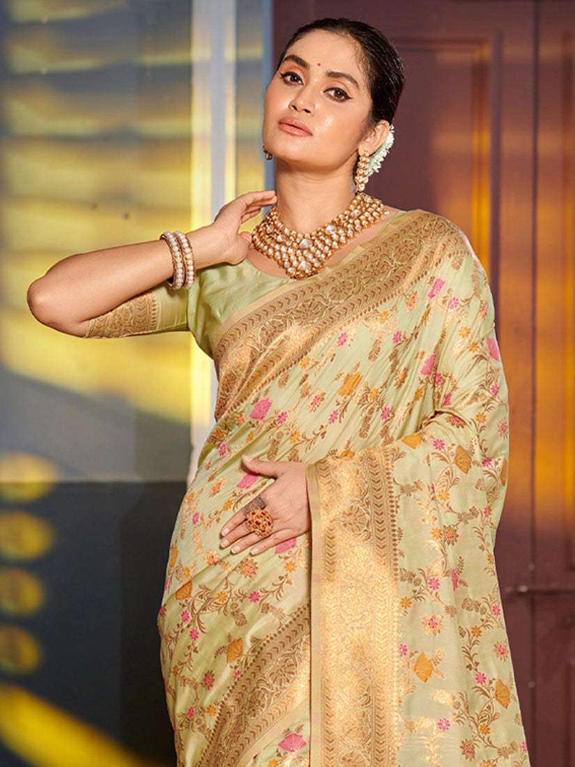 Monjolika Fashion Light Pistachio Green Banarasi Silk Blend Saree with Rich Gold Zari Floral Weaving