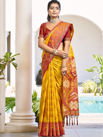 Monjolika Fashion Mustard & Maroon Woven Pochampally Silk Blend Saree with Unstitched Blouse Piece