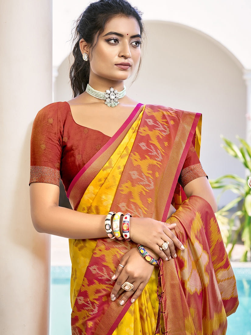 Monjolika Fashion Mustard & Maroon Woven Pochampally Silk Blend Saree with Unstitched Blouse Piece
