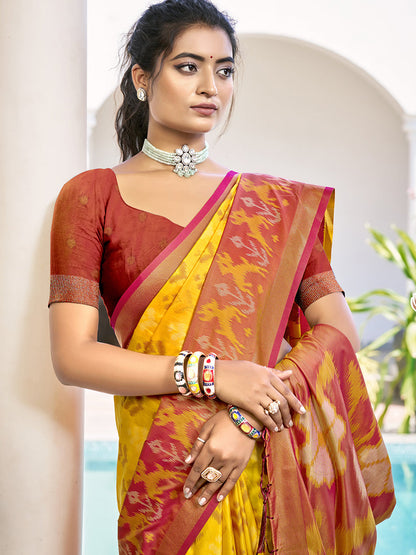 Monjolika Fashion Mustard & Maroon Woven Pochampally Silk Blend Saree with Unstitched Blouse Piece