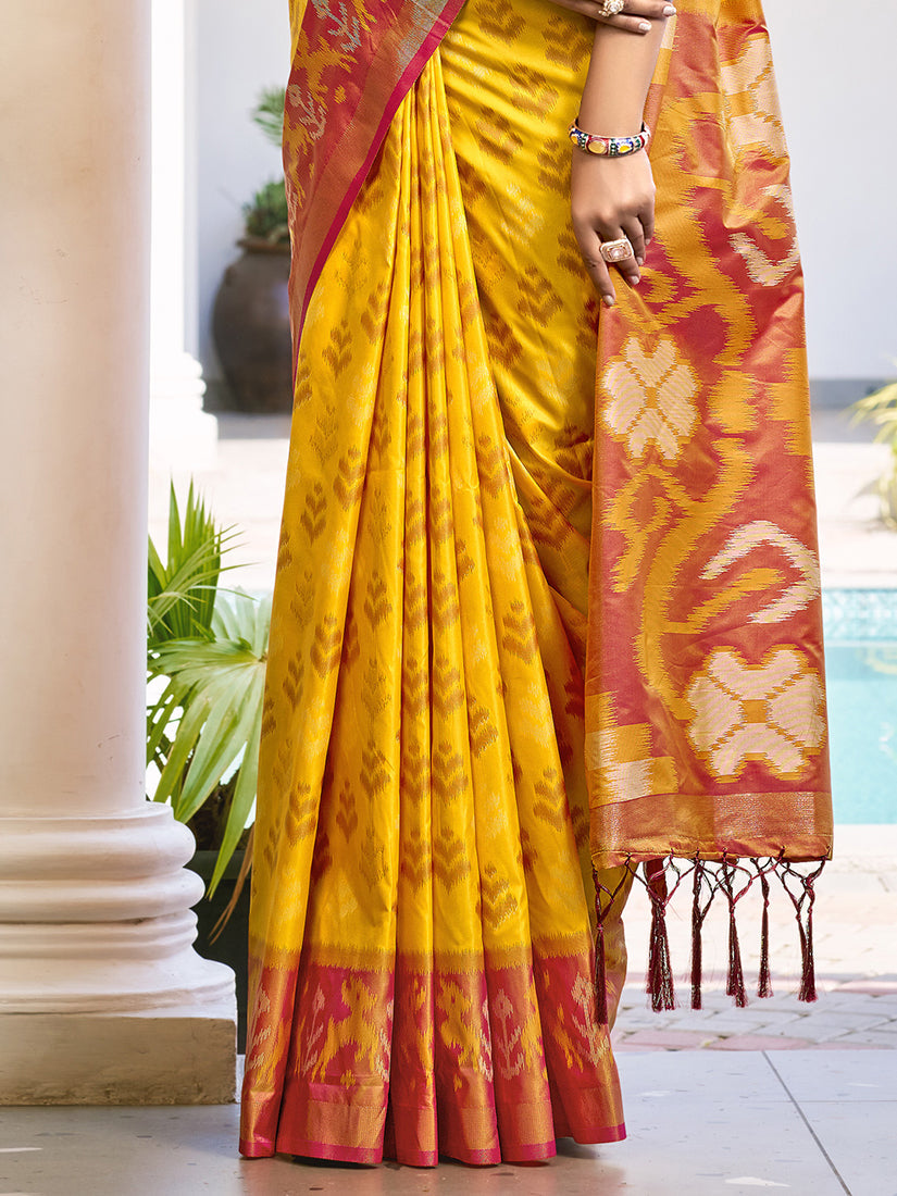 Monjolika Fashion Mustard & Maroon Woven Pochampally Silk Blend Saree with Unstitched Blouse Piece