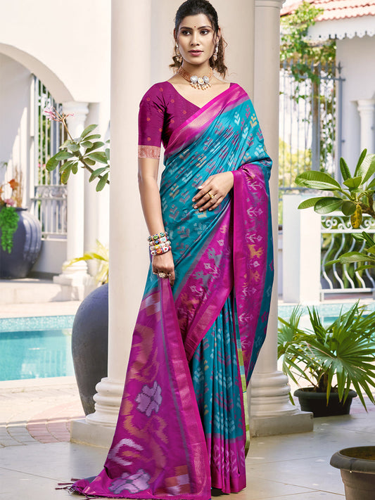 Monjolika Fashion Teal Blue & Magenta Woven Pochampally Silk Blend Saree with Unstitched Blouse Piece