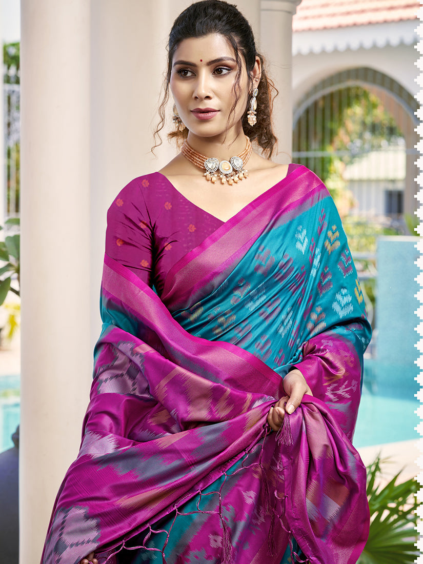 Monjolika Fashion Teal Blue & Magenta Woven Pochampally Silk Blend Saree with Unstitched Blouse Piece