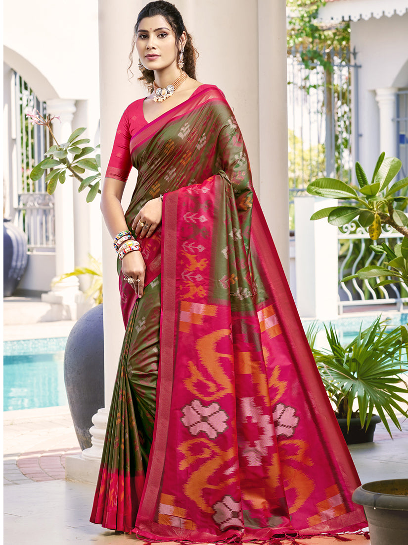 Monjolika Fashion Olive Green & Rani Pink Woven Pochampally Silk Blend Saree with Unstitched Blouse Piece