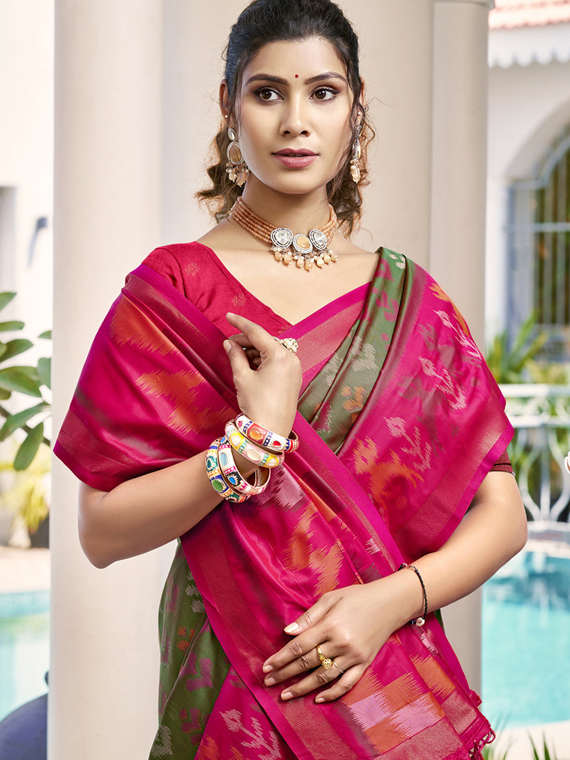 Monjolika Fashion Olive Green & Rani Pink Woven Pochampally Silk Blend Saree with Unstitched Blouse Piece