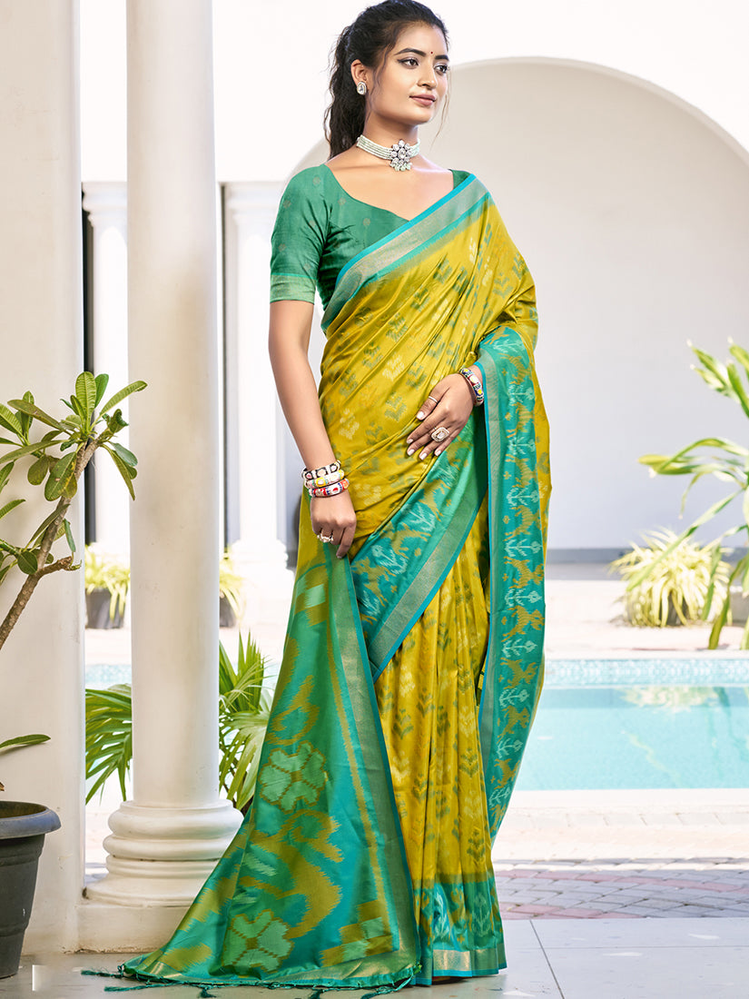Monjolika Fashion Mustard & Sea Green Woven Pochampally Silk Blend Saree with Unstitched Blouse Piece