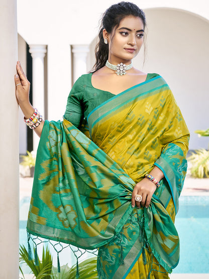 Monjolika Fashion Mustard & Sea Green Woven Pochampally Silk Blend Saree with Unstitched Blouse Piece
