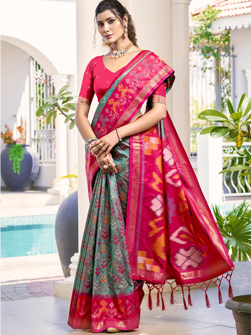 Monjolika Fashion Grey & Rani Pink Woven Pochampally Silk Blend Saree with Unstitched Blouse Piece