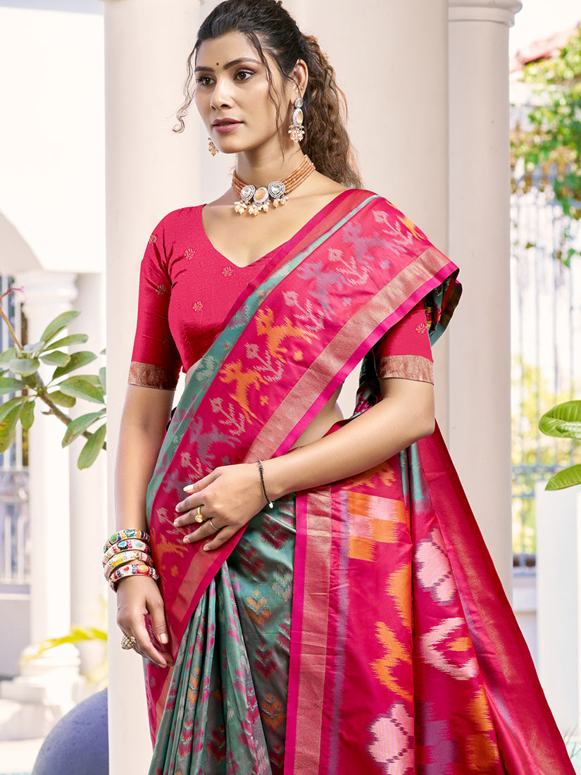 Monjolika Fashion Grey & Rani Pink Woven Pochampally Silk Blend Saree with Unstitched Blouse Piece
