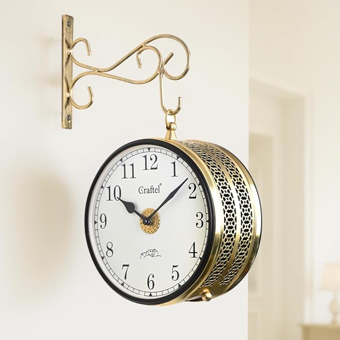 Analog Double Sided Vintage Station Premium Wall Clock with Brass in dial (Shiny Gold - 8 Inches) - 12 Months Warranty