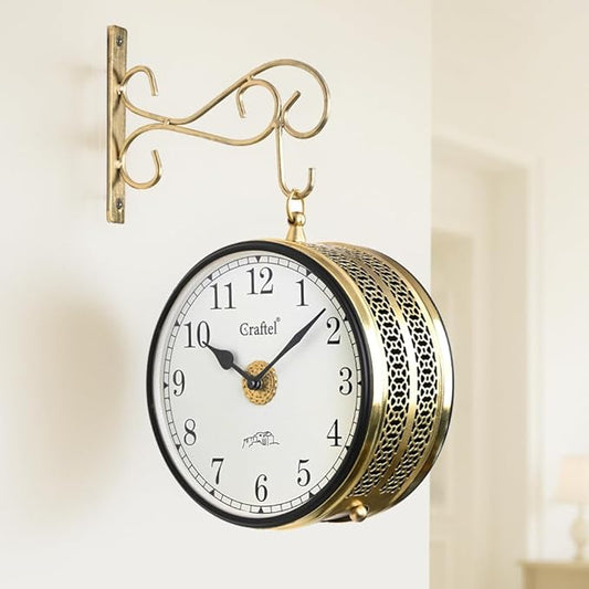 Analog Double Sided Vintage Station Premium Wall Clock with Brass in dial (Shiny Gold - 8 Inches) - 12 Months Warranty