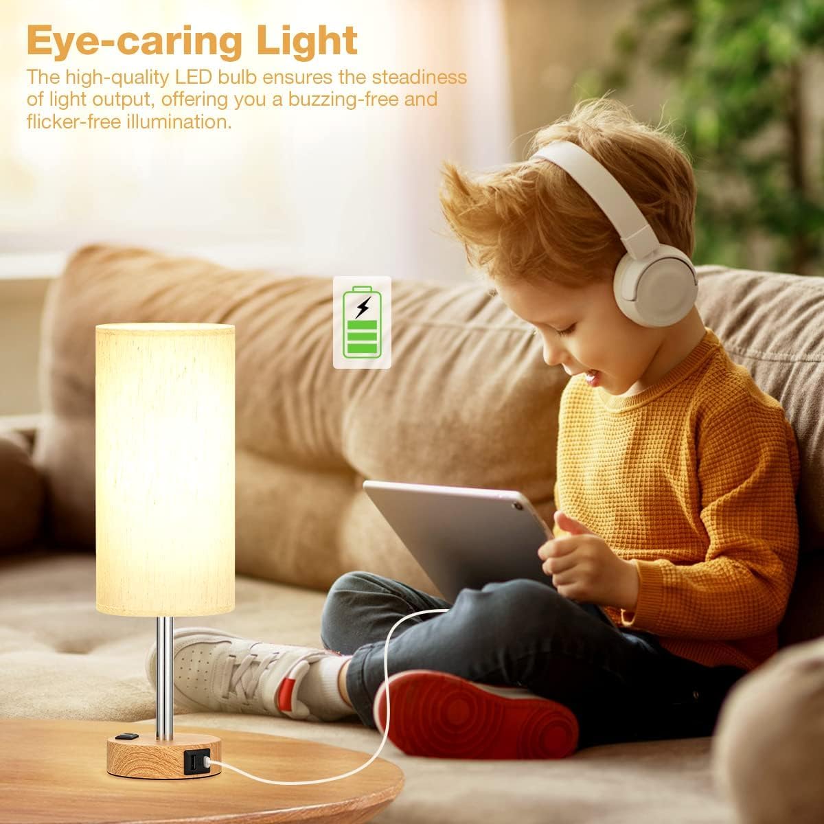 LED Table Lamp with Touch Control & USB Charging Ports - Flaxen Fabric Shade, Wood Base, 14.5 Inch