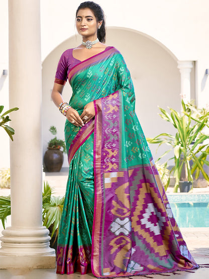 Monjolika Fashion Sea Green & Purple Woven Pochampally Silk Blend Saree with Unstitched Blouse Piece