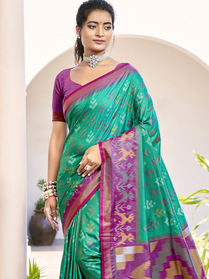 Monjolika Fashion Sea Green & Purple Woven Pochampally Silk Blend Saree with Unstitched Blouse Piece