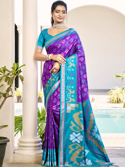 Monjolika Fashion Purple & Sky Blue Woven Pochampally Silk Blend Saree with Unstitched Blouse Piece