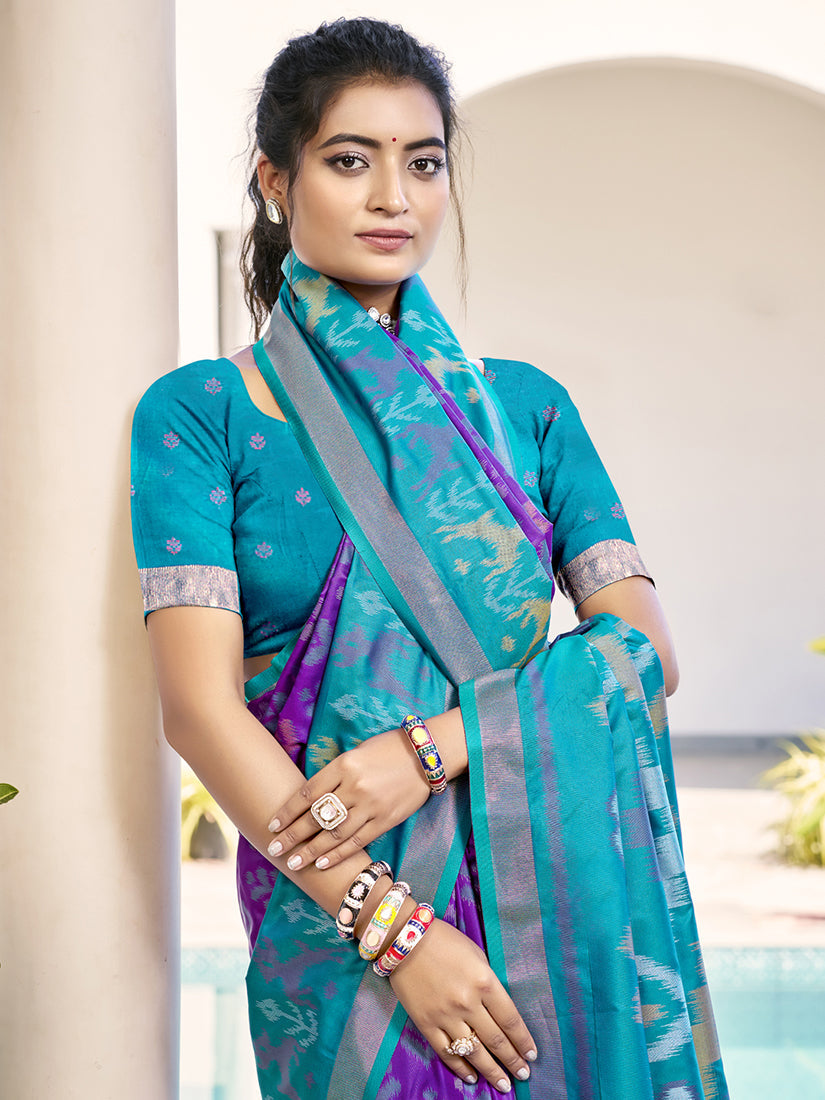 Monjolika Fashion Purple & Sky Blue Woven Pochampally Silk Blend Saree with Unstitched Blouse Piece