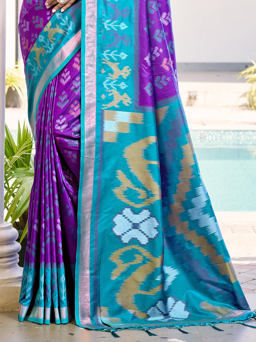 Monjolika Fashion Purple & Sky Blue Woven Pochampally Silk Blend Saree with Unstitched Blouse Piece