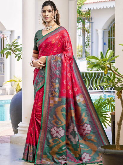 Monjolika Fashion Red & Dark Green Woven Pochampally Silk Blend Saree with Unstitched Blouse Piece