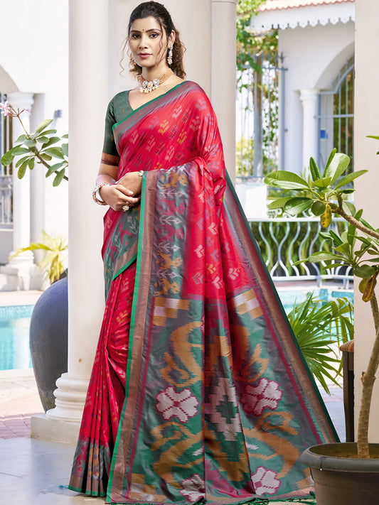 Monjolika Fashion Red & Dark Green Woven Pochampally Silk Blend Saree with Unstitched Blouse Piece