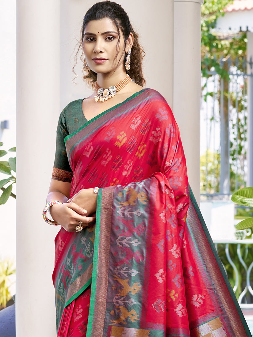Monjolika Fashion Red & Dark Green Woven Pochampally Silk Blend Saree with Unstitched Blouse Piece