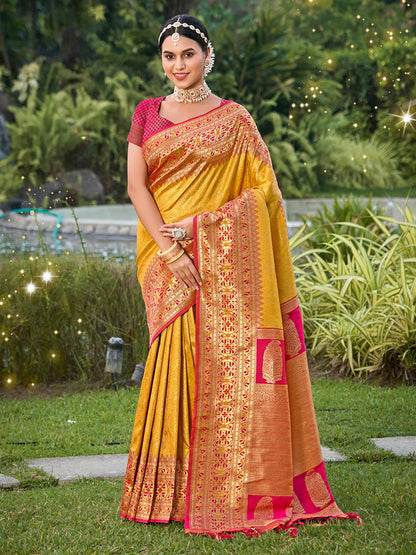 Monjolika Fashion Mustard Banarasi Silk Blend Woven Saree with Unstitched Blouse Piece
