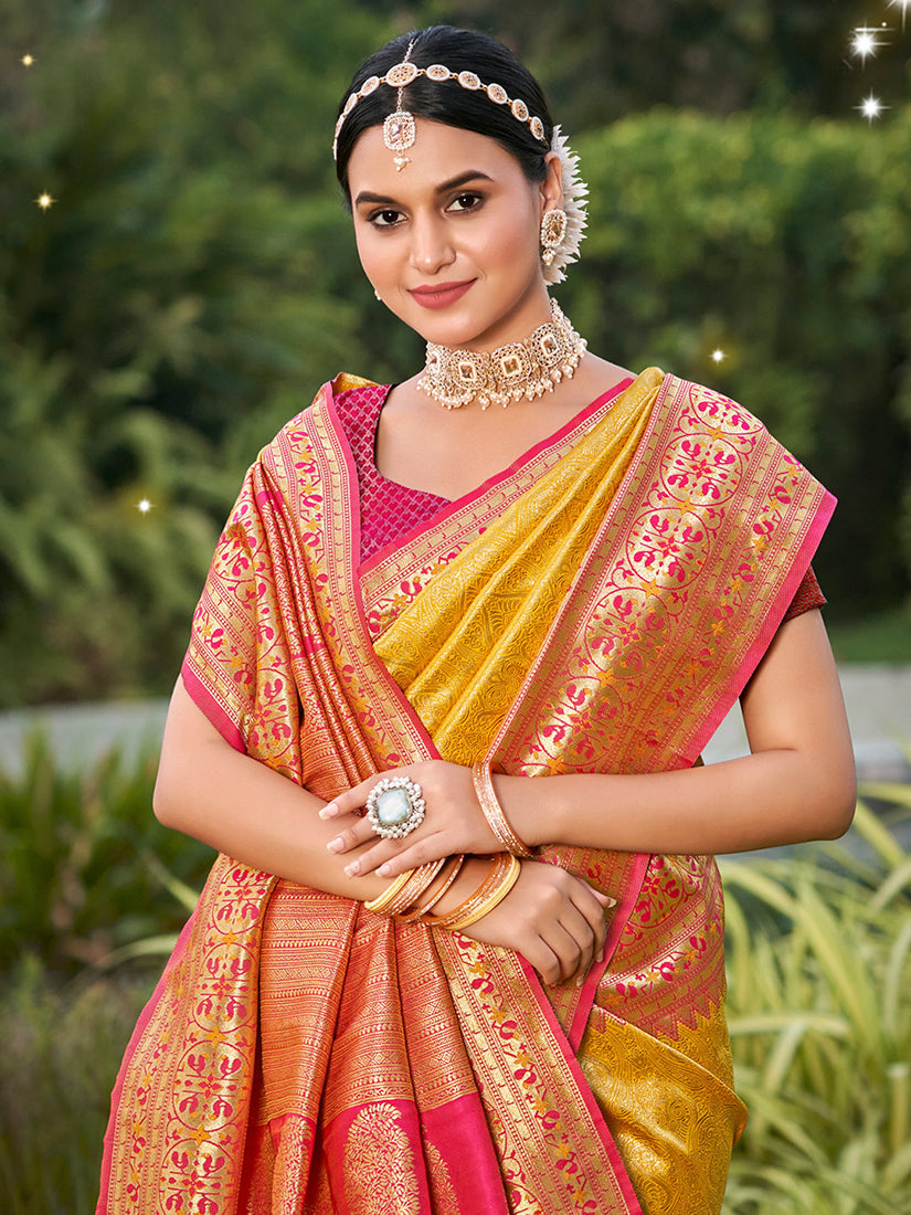 Monjolika Fashion Mustard Banarasi Silk Blend Woven Saree with Unstitched Blouse Piece