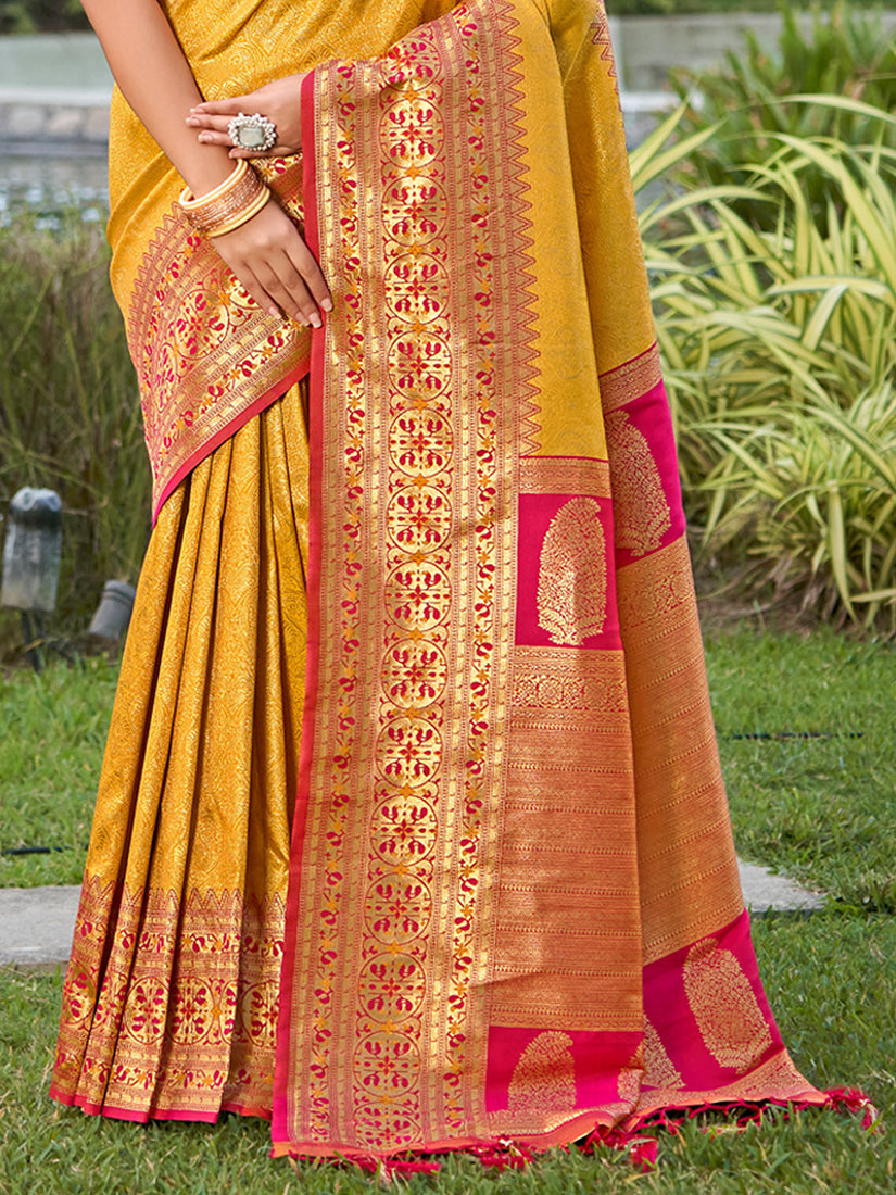 Monjolika Fashion Mustard Banarasi Silk Blend Woven Saree with Unstitched Blouse Piece