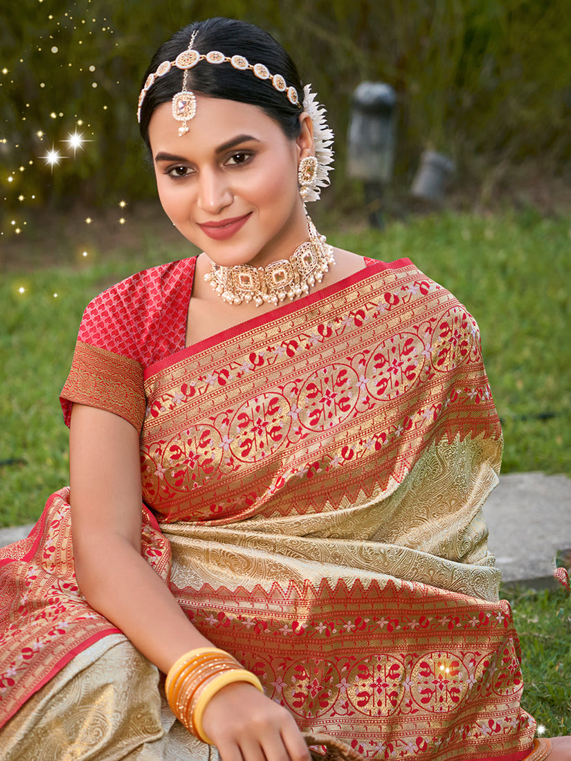 Monjolika Fashion Cream Banarasi Silk Blend Woven Saree with Unstitched Blouse Piece