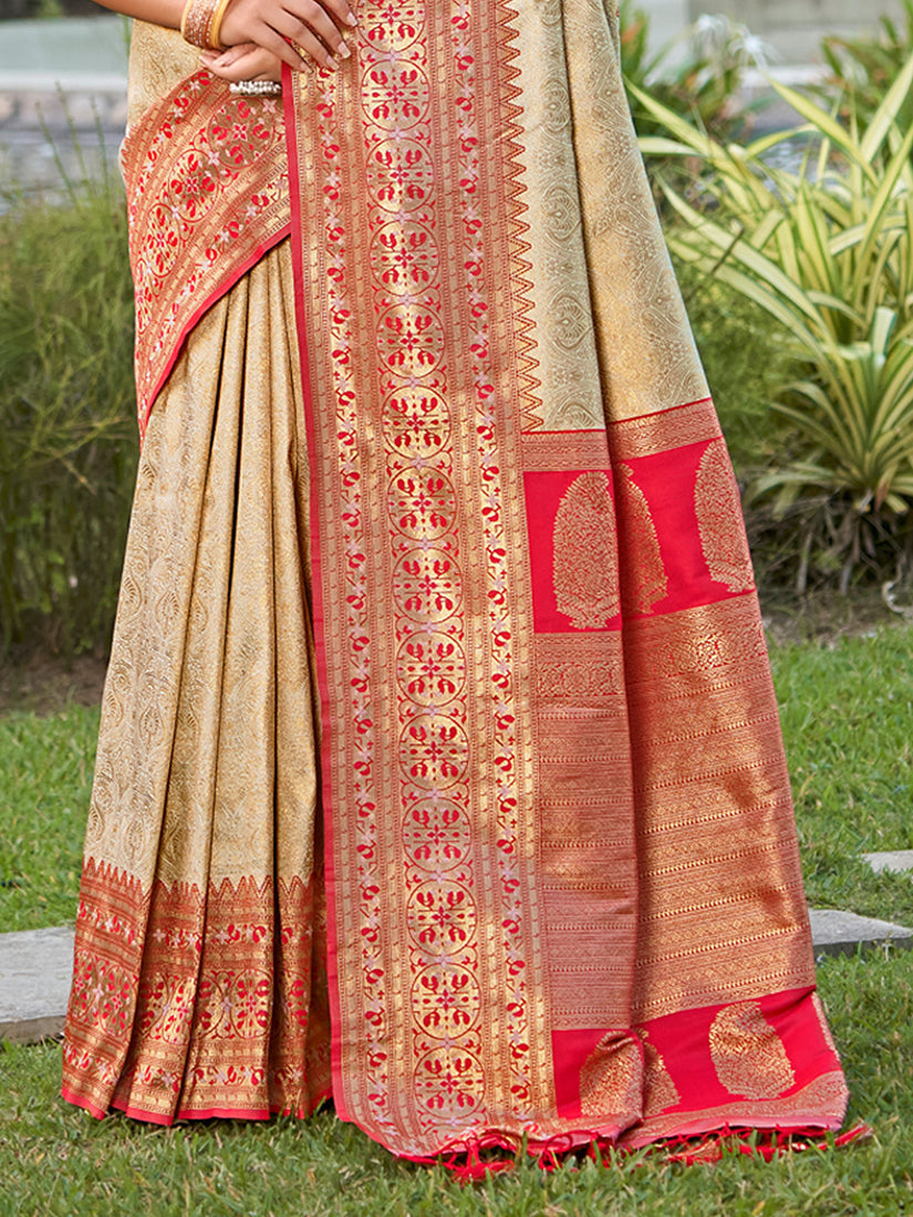 Monjolika Fashion Cream Banarasi Silk Blend Woven Saree with Unstitched Blouse Piece