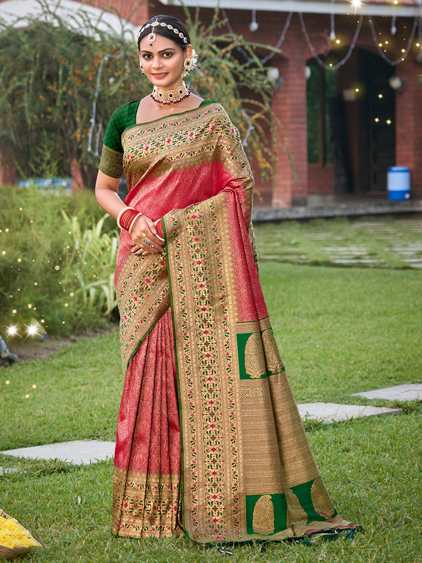 Monjolika Fashion Coral Pink Banarasi Silk Blend Woven Saree with Unstitched Blouse Piece