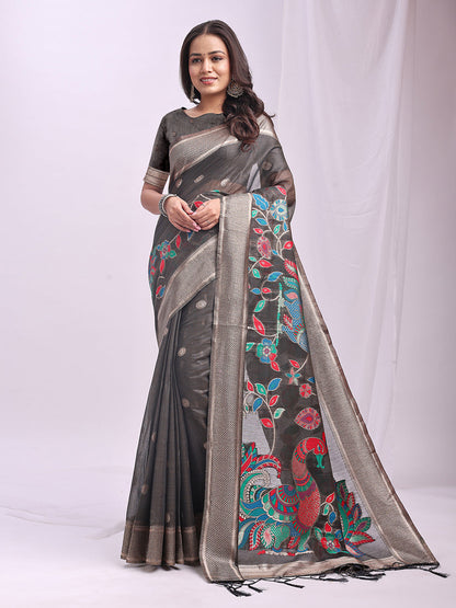 Monjolika Fashion Grey Handwoven Linen Cotton Blend Saree with Multicolor Peacock Motif Pallu & Zari Border