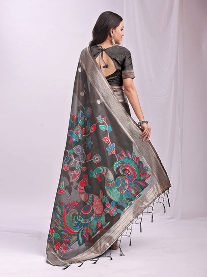 Monjolika Fashion Grey Handwoven Linen Cotton Blend Saree with Multicolor Peacock Motif Pallu & Zari Border