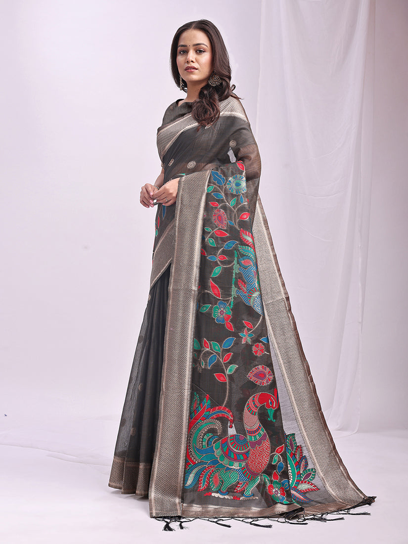 Monjolika Fashion Grey Handwoven Linen Cotton Blend Saree with Multicolor Peacock Motif Pallu & Zari Border