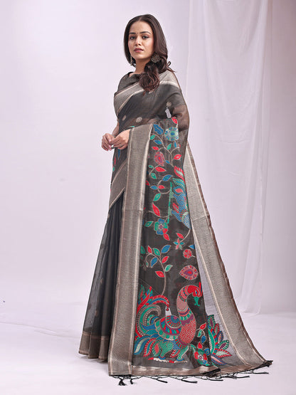 Monjolika Fashion Grey Handwoven Linen Cotton Blend Saree with Multicolor Peacock Motif Pallu & Zari Border