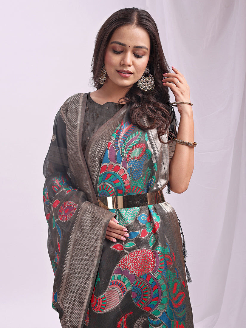 Monjolika Fashion Grey Handwoven Linen Cotton Blend Saree with Multicolor Peacock Motif Pallu & Zari Border