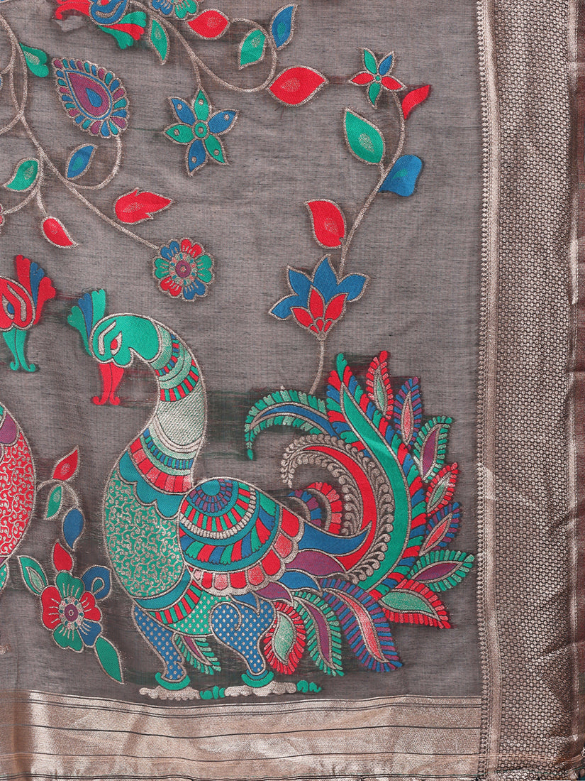 Monjolika Fashion Grey Handwoven Linen Cotton Blend Saree with Multicolor Peacock Motif Pallu & Zari Border