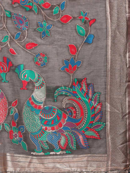 Monjolika Fashion Grey Handwoven Linen Cotton Blend Saree with Multicolor Peacock Motif Pallu & Zari Border