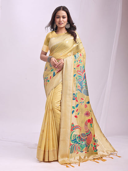 Monjolika Fashion Beige Handwoven Linen Cotton Blend Saree with Multicolor Peacock Motif Pallu & Zari Border