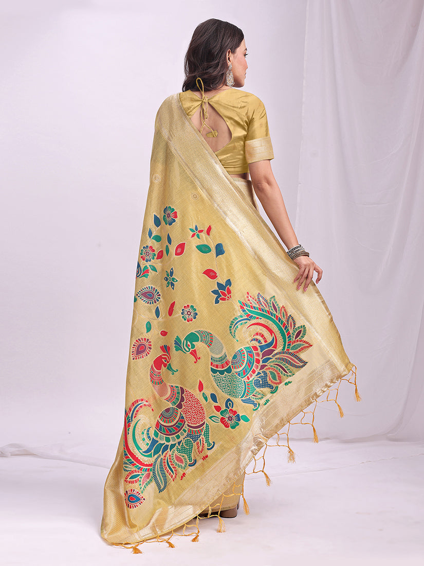 Monjolika Fashion Beige Handwoven Linen Cotton Blend Saree with Multicolor Peacock Motif Pallu & Zari Border