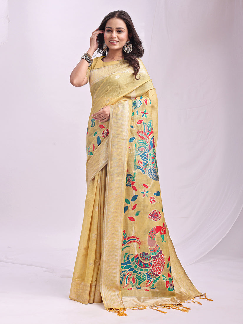 Monjolika Fashion Beige Handwoven Linen Cotton Blend Saree with Multicolor Peacock Motif Pallu & Zari Border