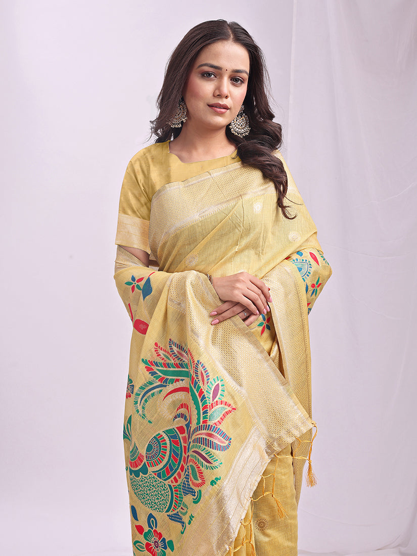 Monjolika Fashion Beige Handwoven Linen Cotton Blend Saree with Multicolor Peacock Motif Pallu & Zari Border