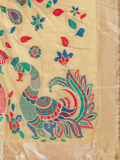Monjolika Fashion Beige Handwoven Linen Cotton Blend Saree with Multicolor Peacock Motif Pallu & Zari Border