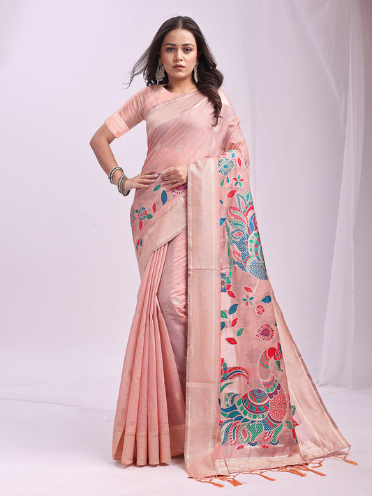 Monjolika Fashion Light Pink Handwoven Linen Cotton Blend Saree with Multicolor Peacock Motif Pallu & Zari Border