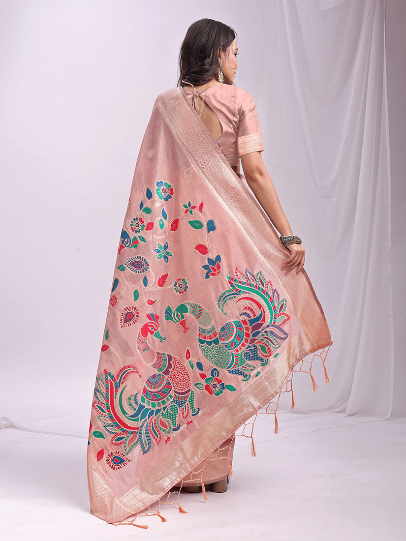 Monjolika Fashion Light Pink Handwoven Linen Cotton Blend Saree with Multicolor Peacock Motif Pallu & Zari Border