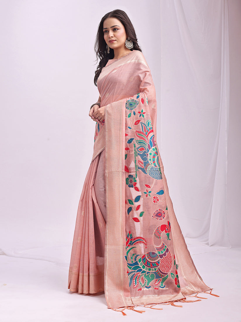 Monjolika Fashion Light Pink Handwoven Linen Cotton Blend Saree with Multicolor Peacock Motif Pallu & Zari Border