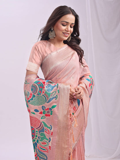Monjolika Fashion Light Pink Handwoven Linen Cotton Blend Saree with Multicolor Peacock Motif Pallu & Zari Border