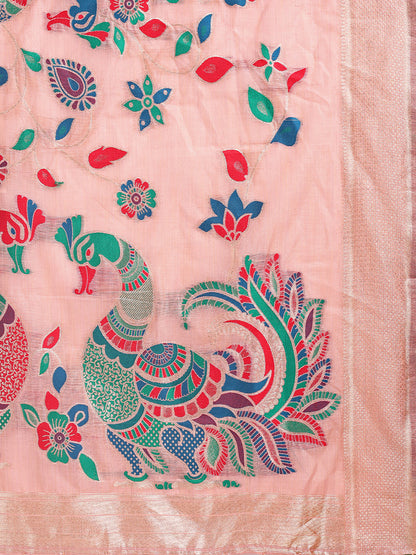 Monjolika Fashion Light Pink Handwoven Linen Cotton Blend Saree with Multicolor Peacock Motif Pallu & Zari Border