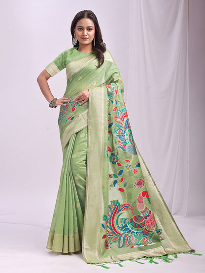 Monjolika Fashion Light Green Handwoven Linen Cotton Blend Saree with Multicolor Peacock Motif Pallu & Zari Border